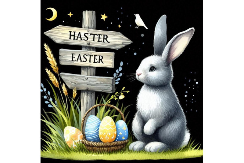 a-bundle-of-watercolor-easter-bunny-with-signpost-in-gray-and-blue-col