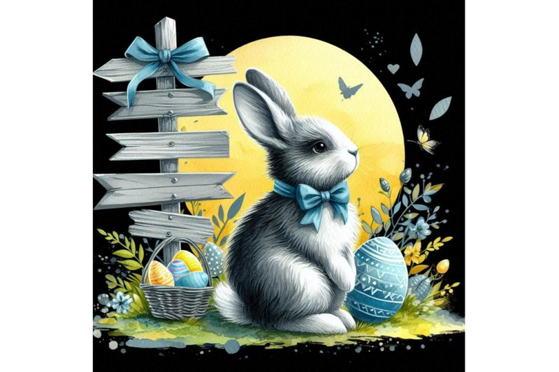 a-bundle-of-watercolor-easter-bunny-with-signpost-in-gray-and-blue-col