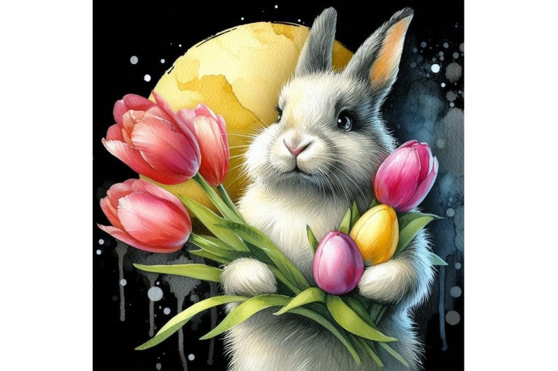 a-bundle-of-watercolor-easter-bunny-holding-tulips-isolated