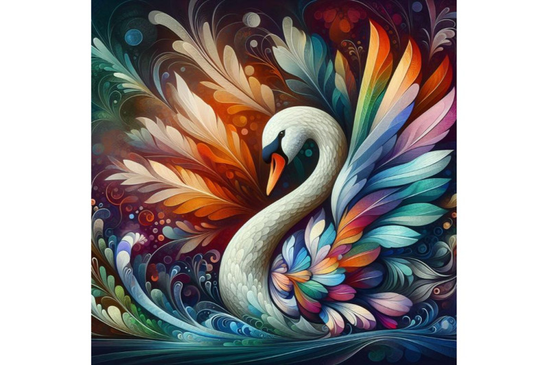 a-set-of-abstract-swan-art-iridescent-plumage-bird-in-a-pond