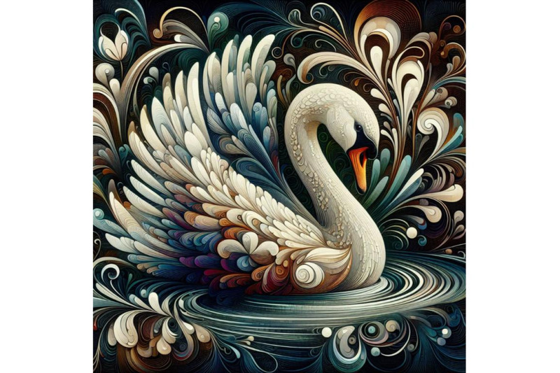 a-set-of-abstract-swan-art-iridescent-plumage-bird-in-a-pond