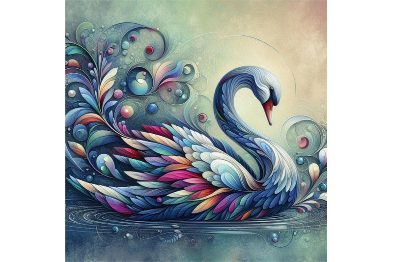 a-set-of-abstract-swan-art-iridescent-plumage-bird-in-a-pond