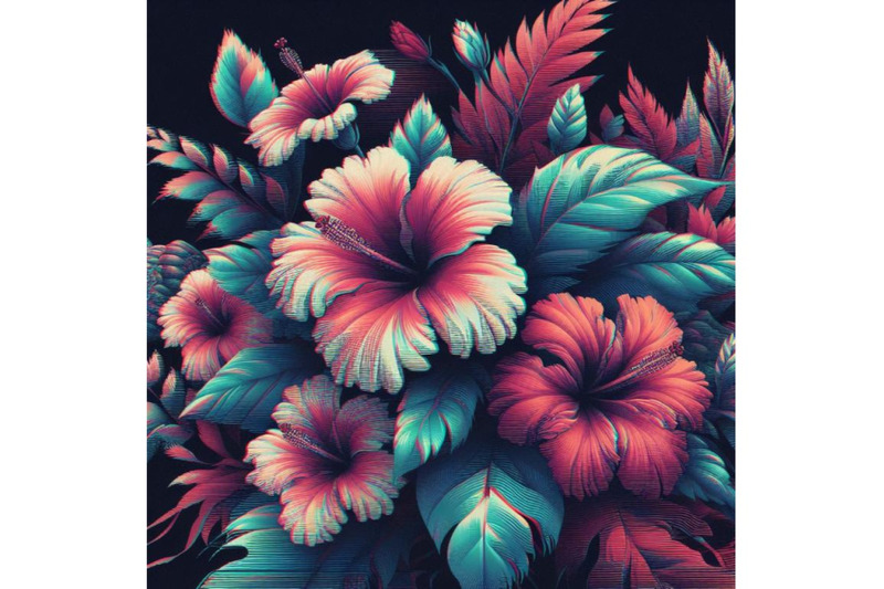 a-set-of-hibiscus-in-glitch-art-style-on-dark-background