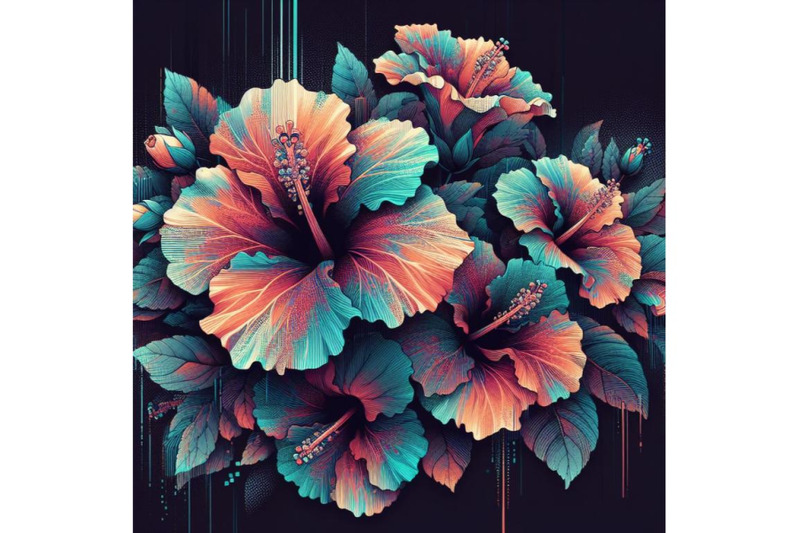 a-set-of-hibiscus-in-glitch-art-style-on-dark-background