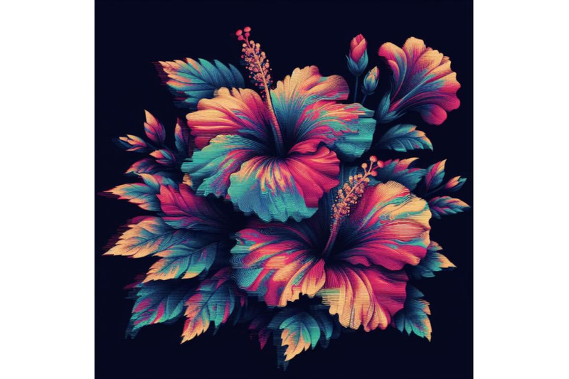 a-set-of-hibiscus-in-glitch-art-style-on-dark-background