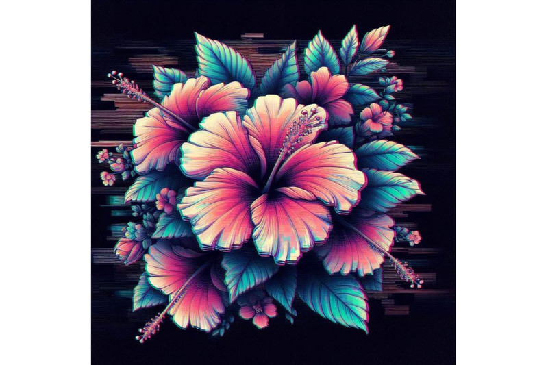 a-set-of-hibiscus-in-glitch-art-style-on-dark-background