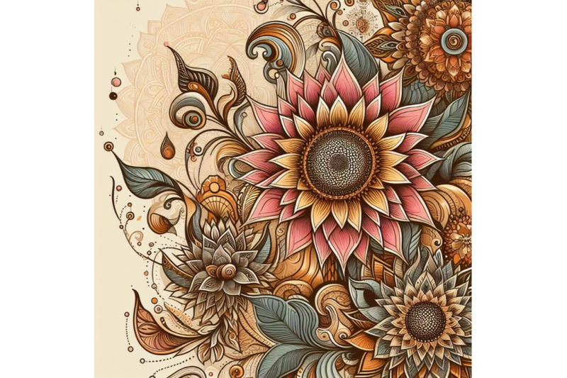 a-set-of-oriental-thai-sunflower-hand-drawn-in-abstract-style