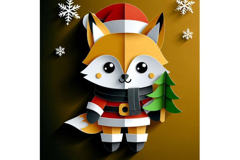 a-bundle-of-vector-cute-christmas-paper-cut-3d-fox-with-shadow