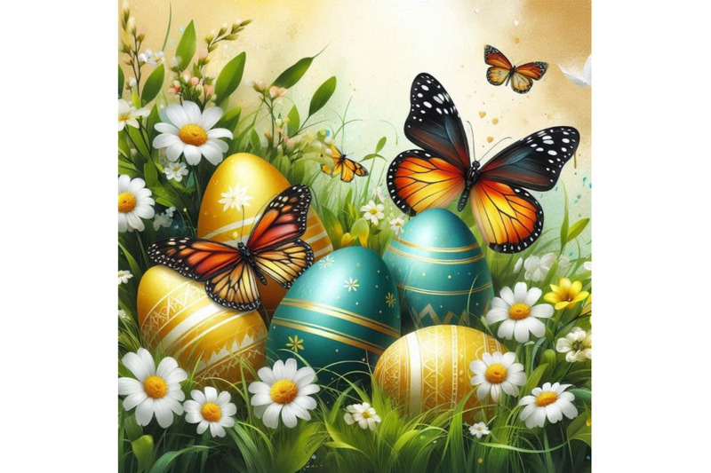 a-bundle-of-easter-day-eggs-in-green-grass-with-white-flowers-butterfl