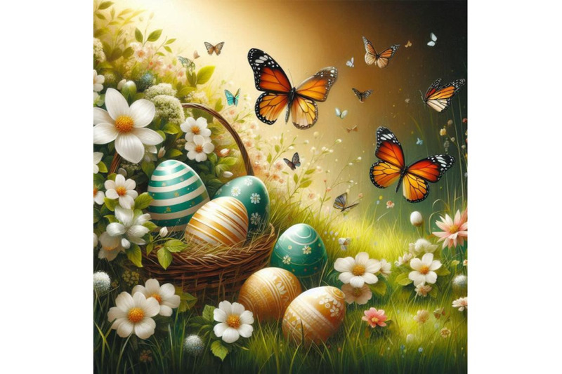 a-bundle-of-easter-day-eggs-in-green-grass-with-white-flowers-butterfl