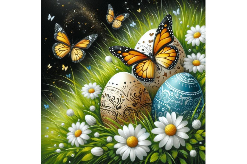 a-bundle-of-easter-day-eggs-in-green-grass-with-white-flowers-butterfl