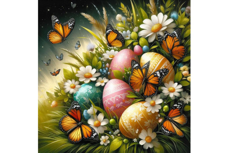 a-bundle-of-easter-day-eggs-in-green-grass-with-white-flowers-butterfl