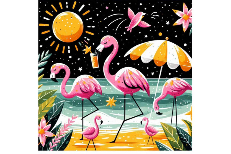 a-bundle-of-cartoon-flat-cute-flamingo-birds-summer-art-print