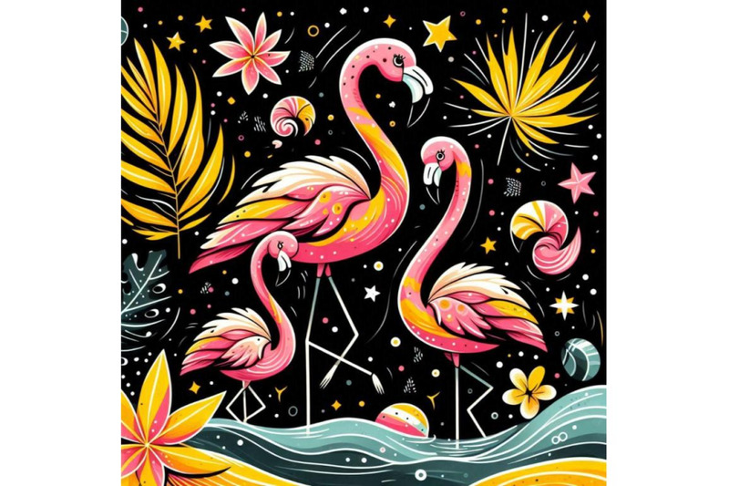 a-bundle-of-cartoon-flat-cute-flamingo-birds-summer-art-print