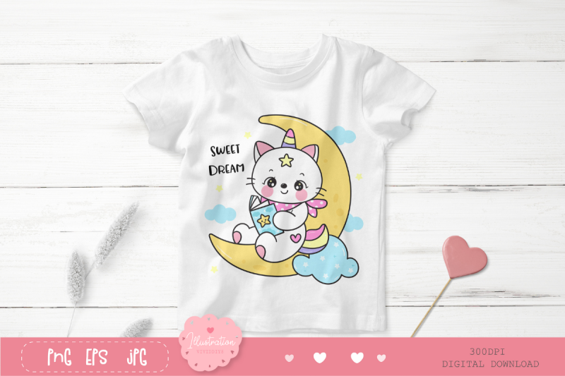 cute-cat-unicorn-read-book-on-moon-kawaii-cliparts-kitten