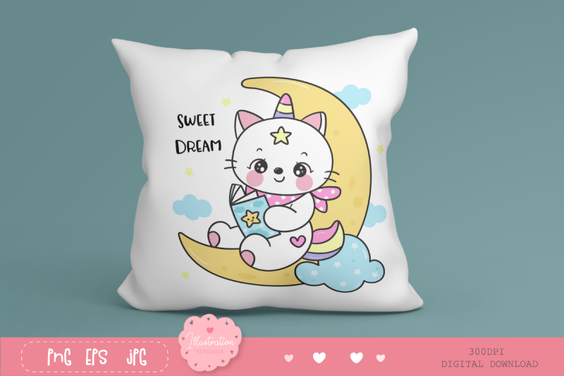 cute-cat-unicorn-read-book-on-moon-kawaii-cliparts-kitten