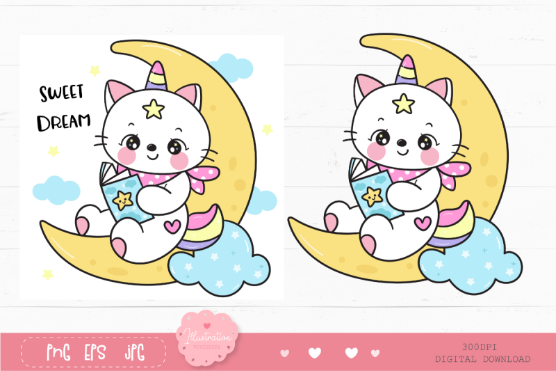 cute-cat-unicorn-read-book-on-moon-kawaii-cliparts-kitten