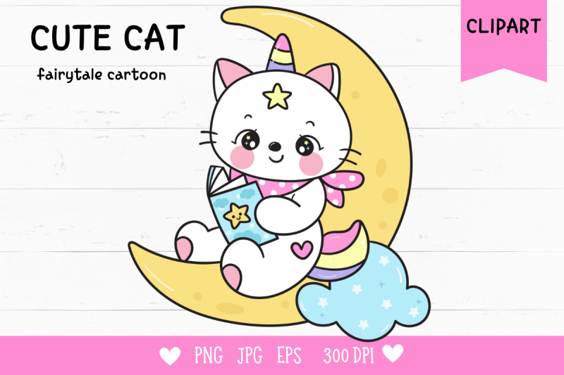 cute-cat-unicorn-read-book-on-moon-kawaii-cliparts-kitten