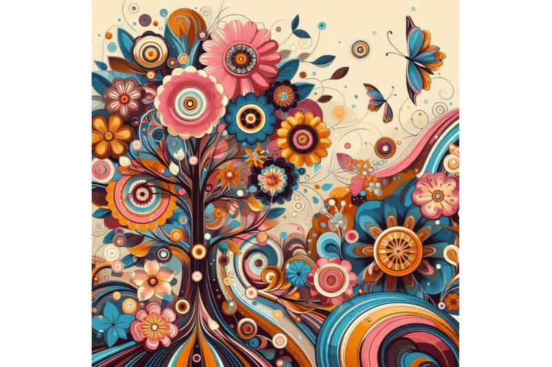 a-set-of-colorful-retro-flowers-and-tree