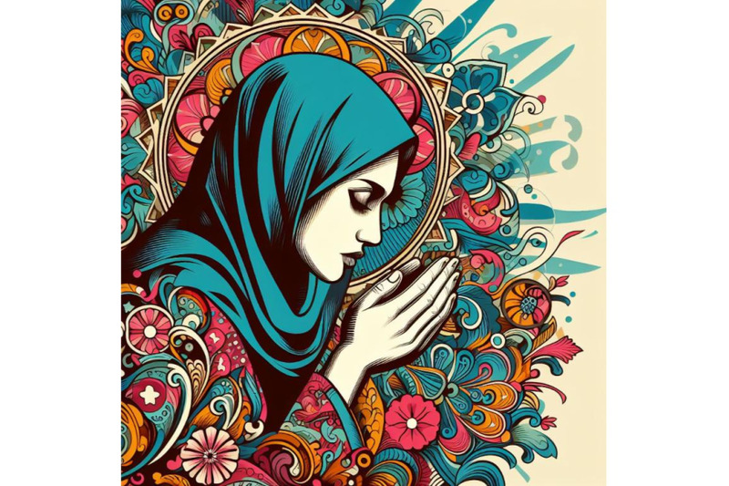 a-set-of-woman-prayer-joy-religion-pop-art-retro