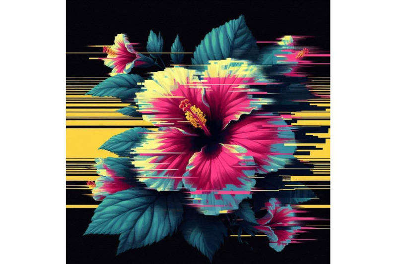 a-bundle-of-hibiscus-in-glitch-art-style-on-dark-background