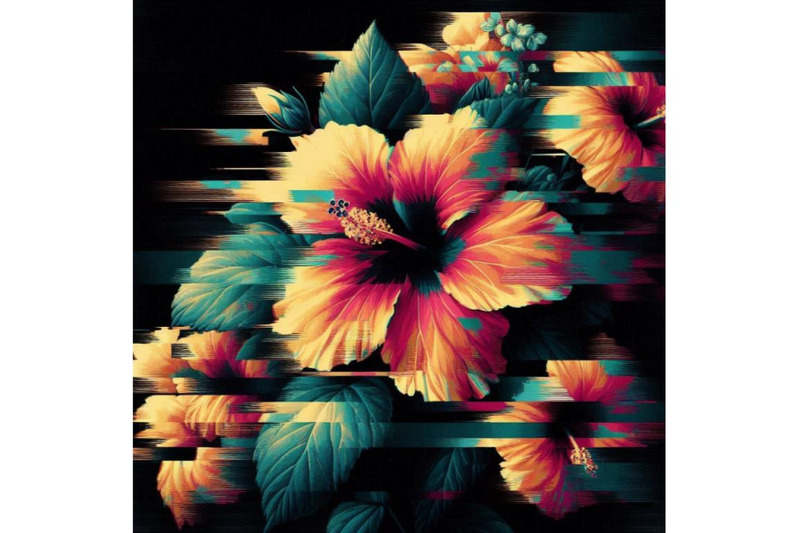 a-bundle-of-hibiscus-in-glitch-art-style-on-dark-background