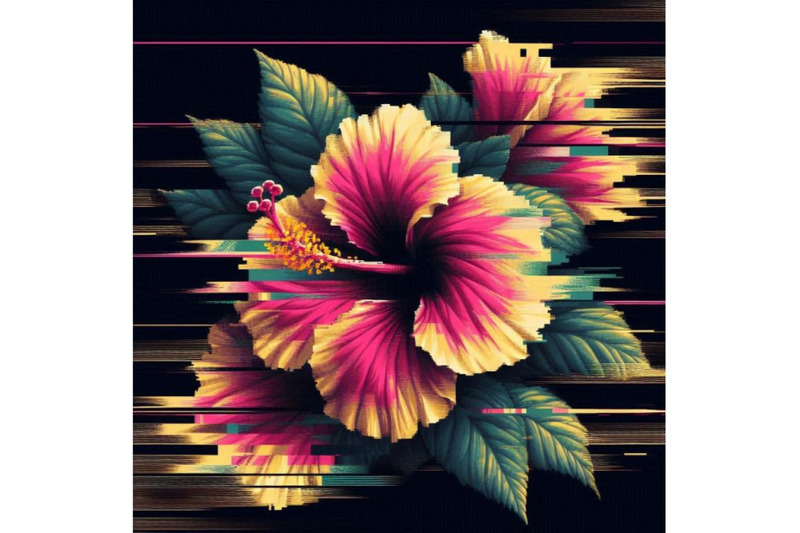 a-bundle-of-hibiscus-in-glitch-art-style-on-dark-background