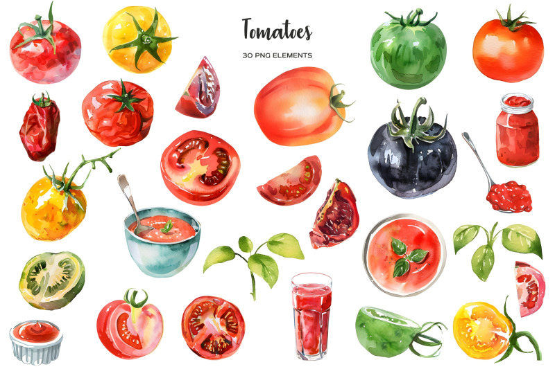 watercolor-tomato-clipart-fresh-red-yellow-black-green-tomato-set