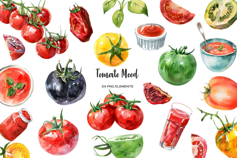 watercolor-tomato-clipart-fresh-red-yellow-black-green-tomato-set