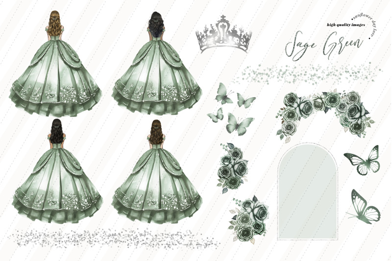 sage-green-princess-dress-butterfly-clipart-dusty-green-flowers