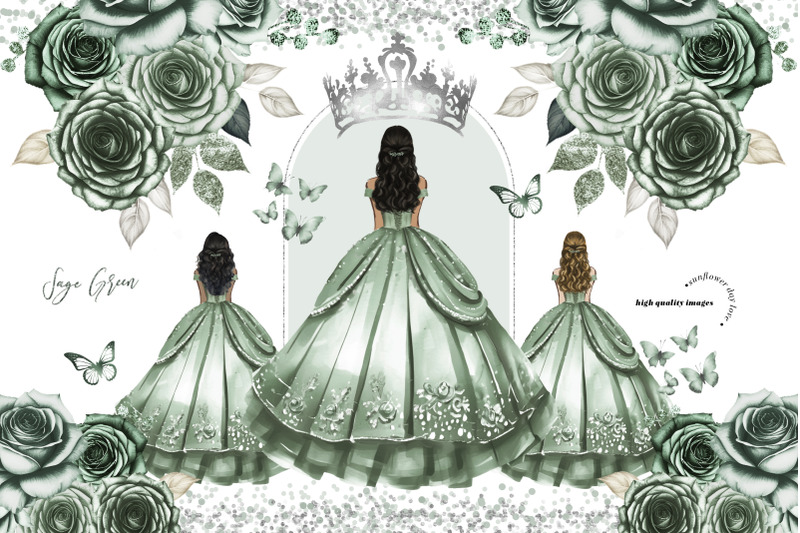 sage-green-princess-dress-butterfly-clipart-dusty-green-flowers