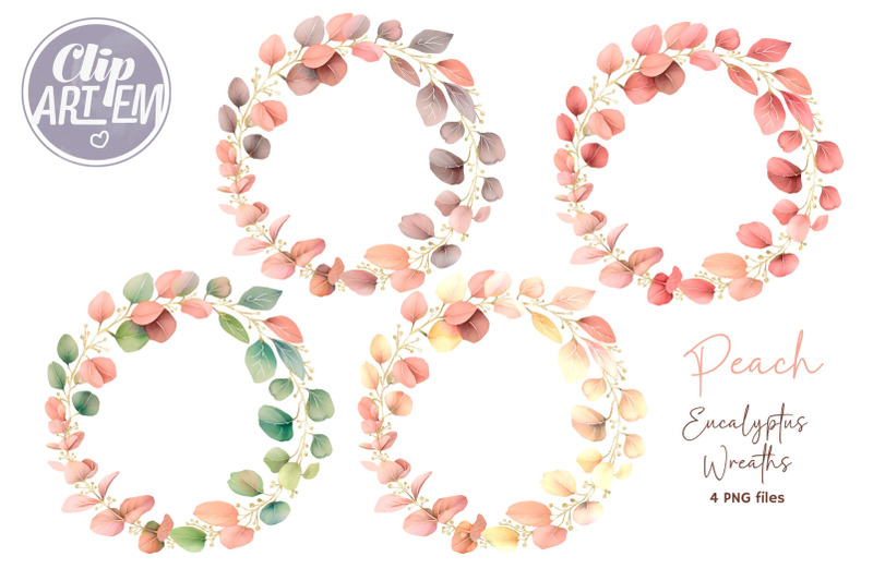 boho-coral-peach-wreath-4-png-greenery-eucalyptus-images-set