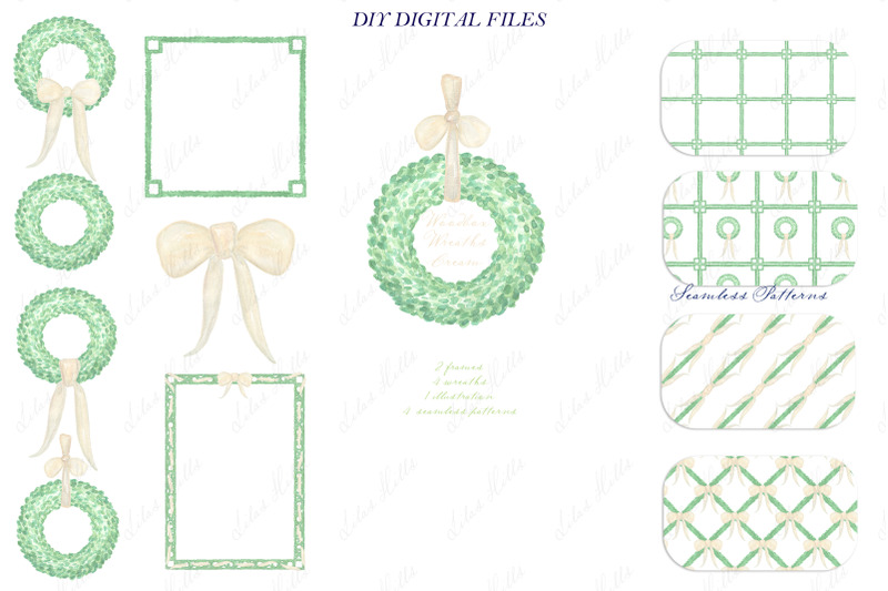 green-wreaths-frames-with-cream-bow-watercolor-clipart-diy