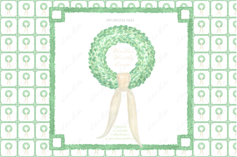 green-wreaths-frames-with-cream-bow-watercolor-clipart-diy