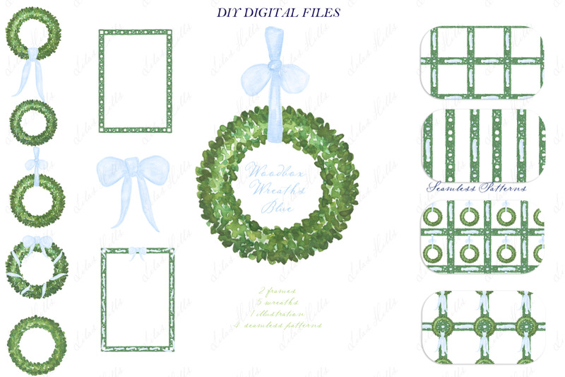 green-wreaths-frames-with-blue-bow