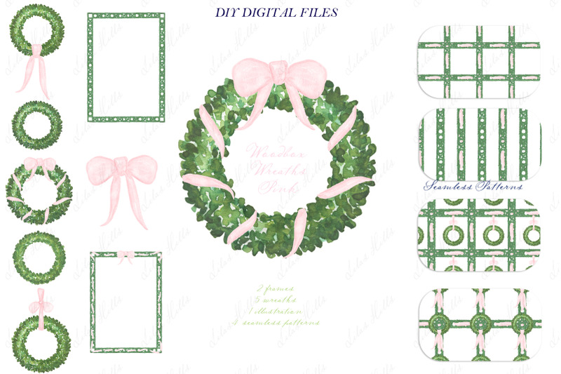 green-wreaths-frames-with-pink-bow