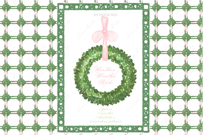 green-wreaths-frames-with-pink-bow