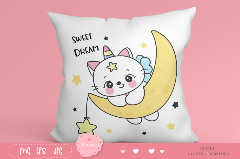 cute-cat-unicorn-catch-star-on-moon-kawaii-clipart-kitten