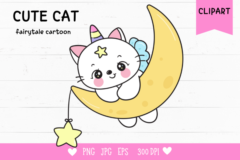 cute-cat-unicorn-catch-star-on-moon-kawaii-clipart-kitten