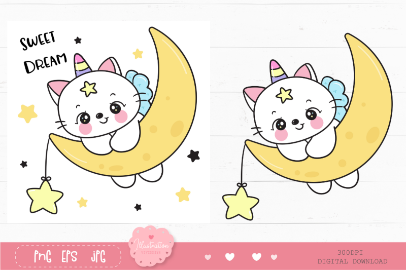 cute-cat-unicorn-catch-star-on-moon-kawaii-clipart-kitten