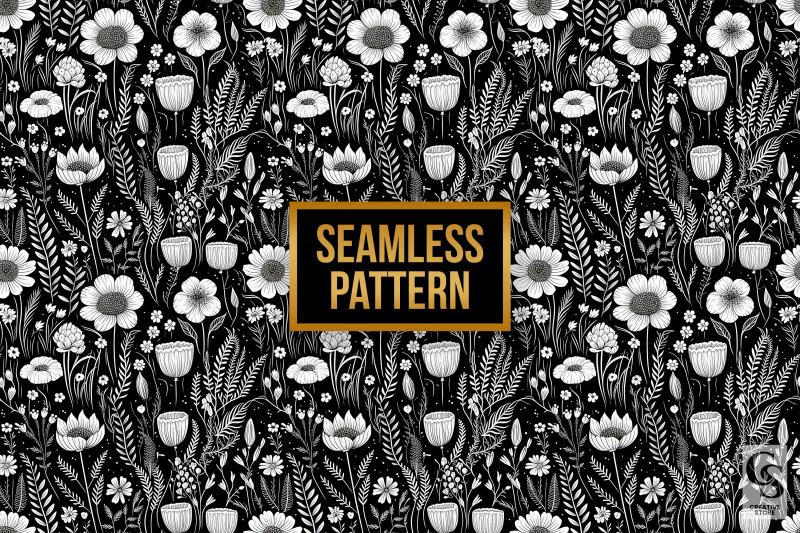 black-and-white-wildflowers-seamless-patterns