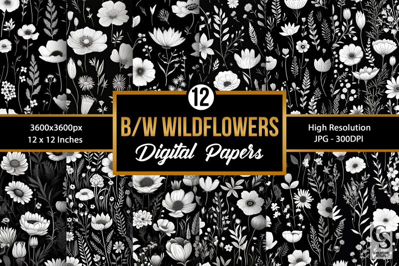 black-and-white-wildflowers-seamless-patterns