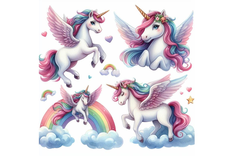 4-cute-unicorn-isolated-set-magic-pegasus-flying