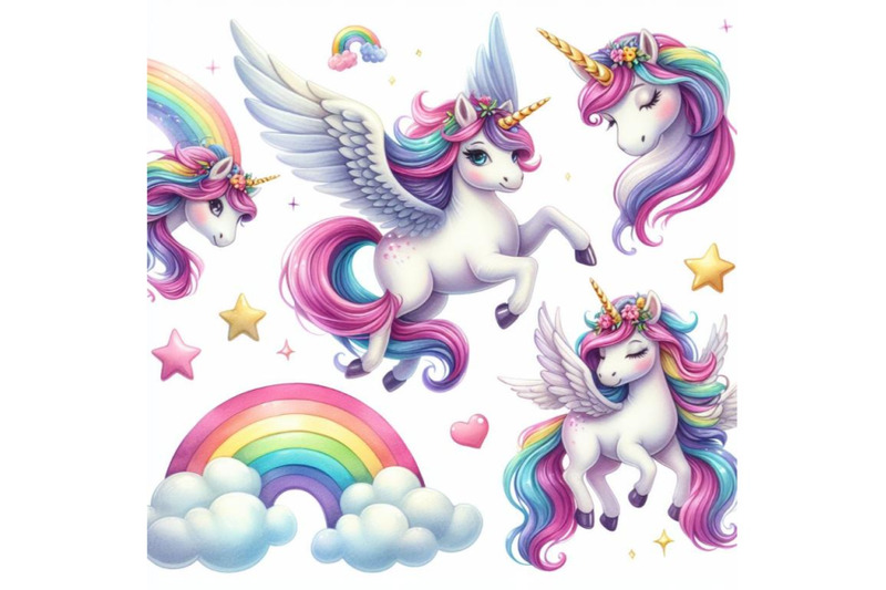 4-cute-unicorn-isolated-set-magic-pegasus-flying