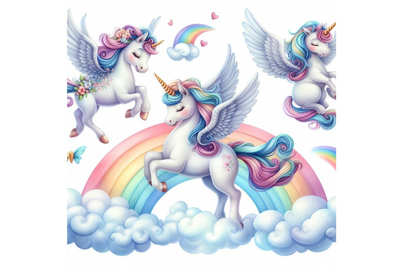 4-cute-unicorn-isolated-set-magic-pegasus-flying