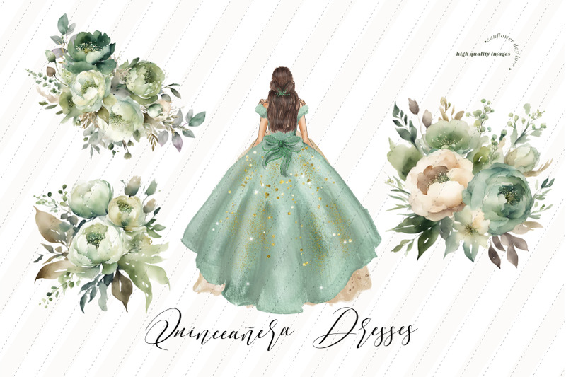 dusty-green-gold-glitter-dress-clipart-green-ivory-flowers