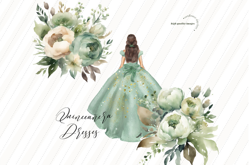 dusty-green-gold-glitter-dress-clipart-green-ivory-flowers