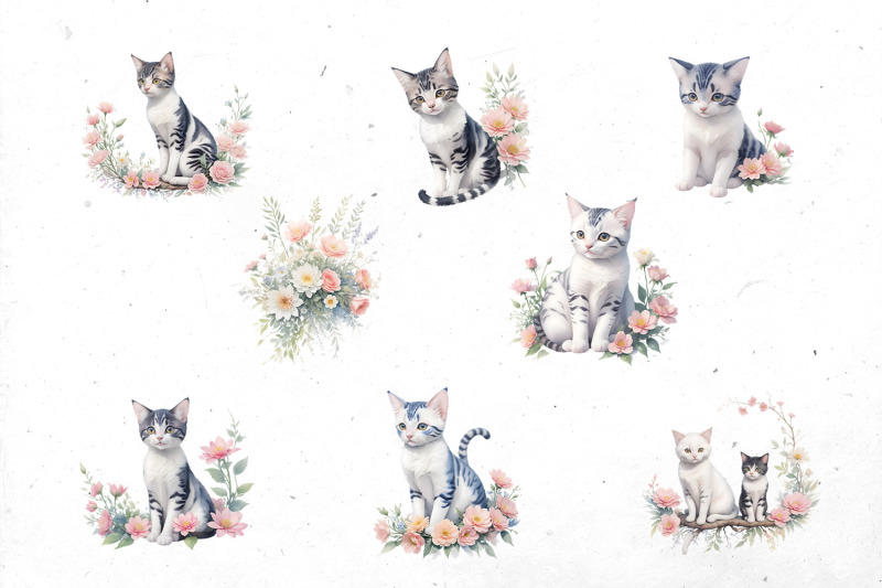 watercolor-kitties-and-flowers-bundle-png-cliparts