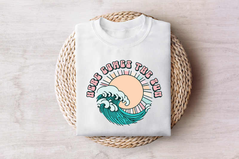 here-comes-the-sun-png-retro-beach-waves-summer-design-vintage-boho-tropical-beach-vibes-sublimation-printable-summer-vacation-clipart