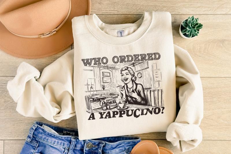 who-ordered-a-yappachino-retro-woman-in-coffee-shop-png-vintage-cafe-illustration-funny-coffee-lover-art-digital-download-quirky-retro